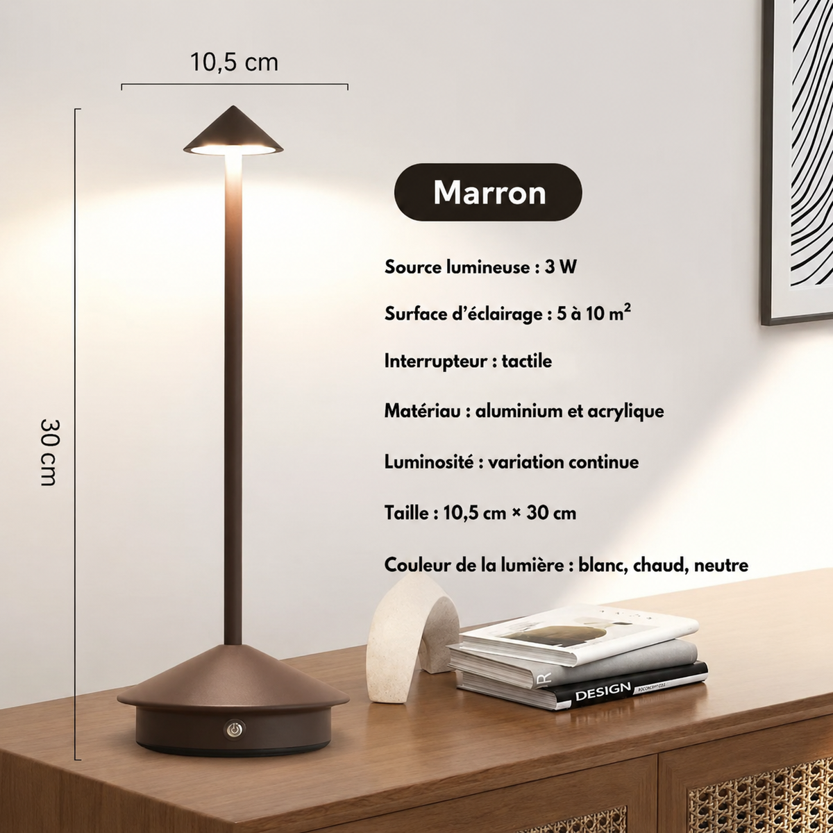 Lampe tactile rechargeable Maison Lumari à la silhouette conique épurée