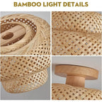 Suspension bambou tressé Maison Lumari, lumière chaude filtrant à travers les ajours