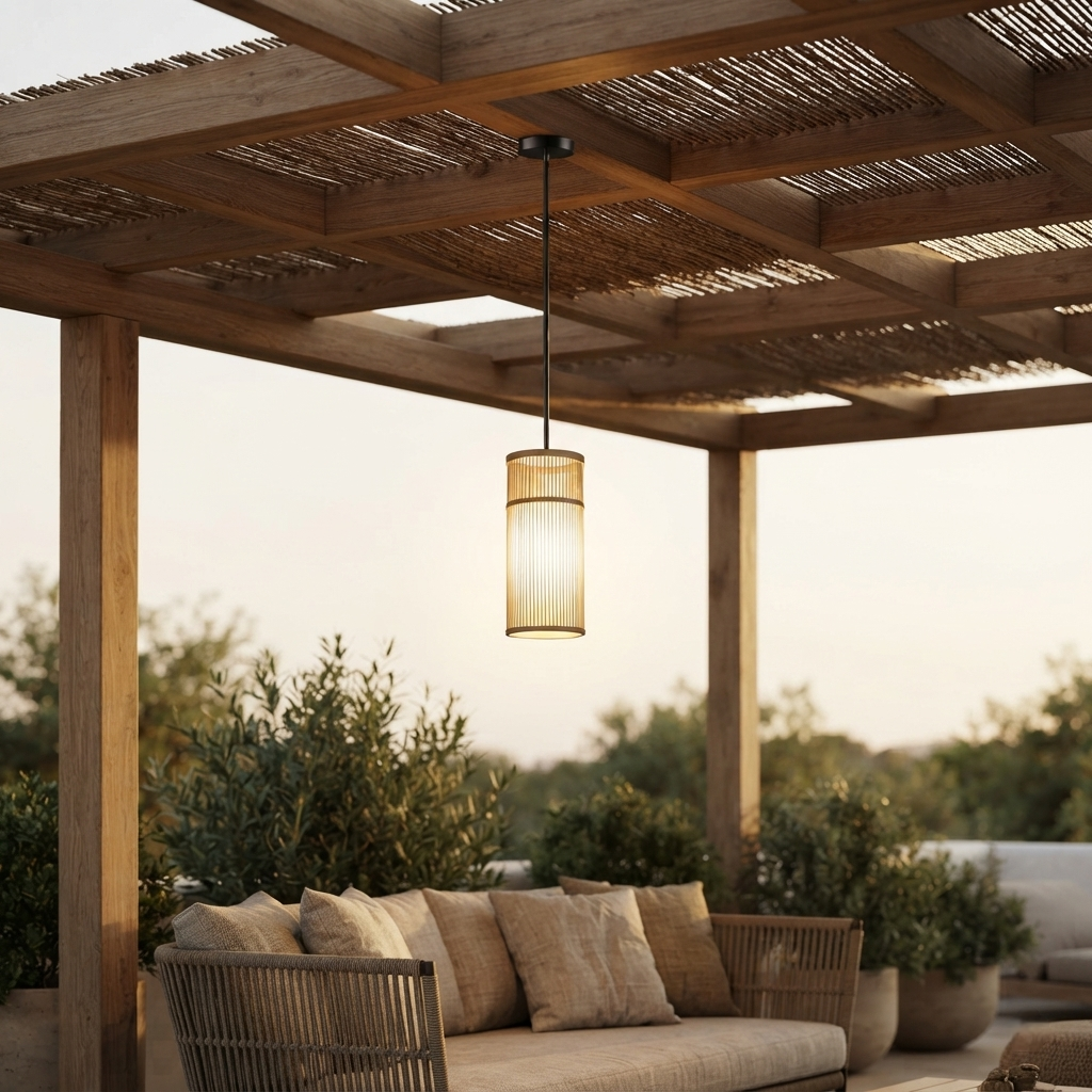Suspension bambou compacte Maison Lumari, idéale en série au-dessus d'un bar