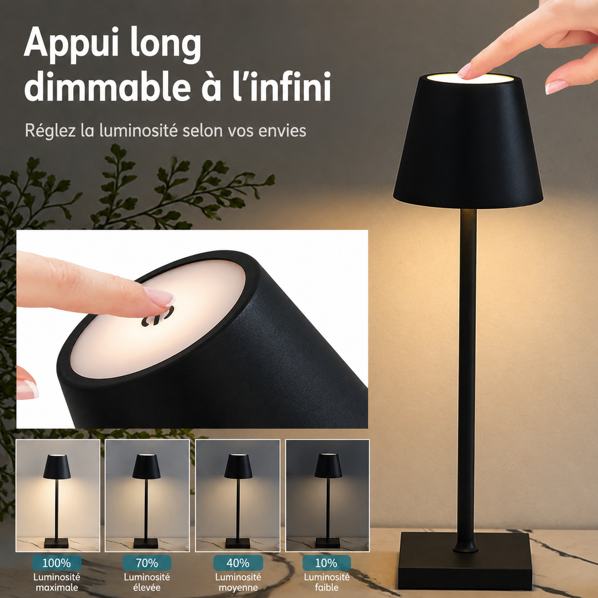 Lampe d'ambiance sans fil Maison Lumari, trois niveaux de gradation au toucher