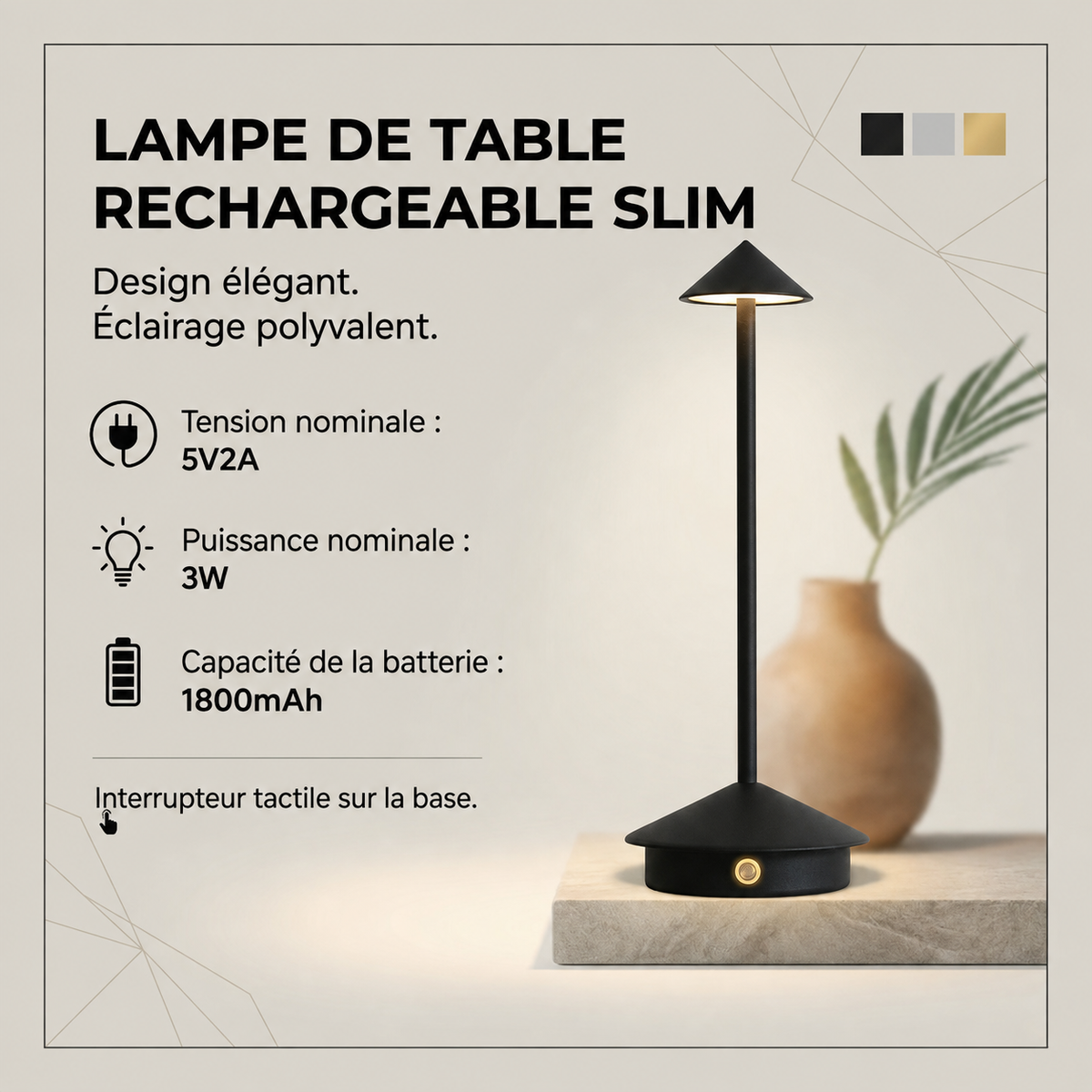 Lampe de chevet sans fil Maison Lumari en aluminium, trois températures de lumière