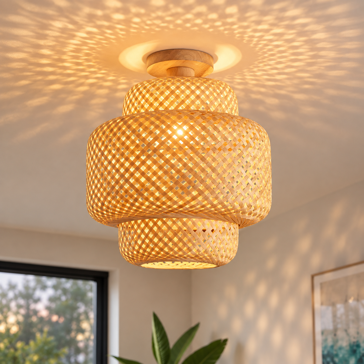 Suspension bambou tressé fait main Maison Lumari, silhouette irrégulière unique