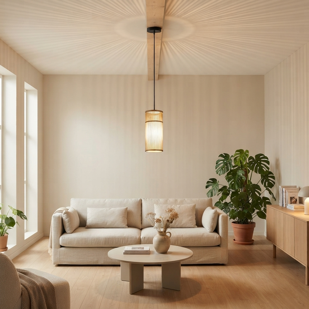 Petite suspension Maison Lumari en bambou naturel, lumière chaude et intime
